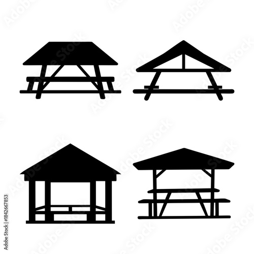 Picnic structures icons set: tables, gazebo, outdoor dining