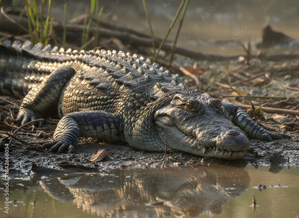 Fototapeta premium Dangerous carnivore alligator reptile in the wild Florida Everglades swamp water