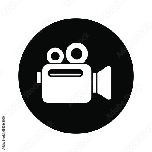 White video camera icon on black circle isolated on, symbolizing film production and cinematography