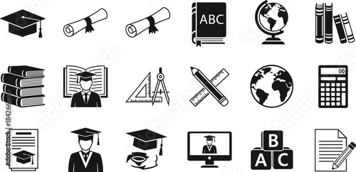 Comprehensive Vector Icon Set for Academic Success, Higher Education, Graduation, Learning, and School Supplies Symbolizing Knowledge and Study.