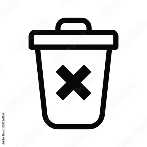 Illustration of a black trash can with a cross symbol isolated on, representing deletion and waste