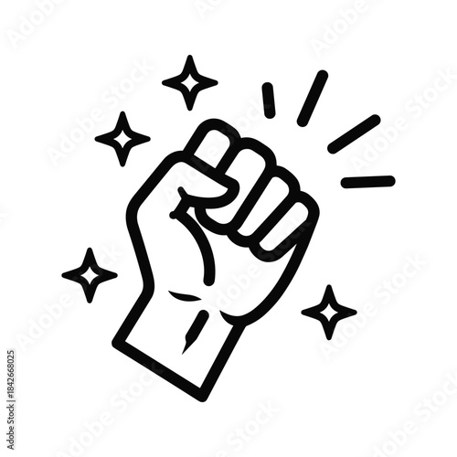A raised fist with stars and motion lines isolated on symbolizes power and determination