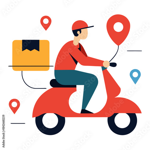 A courier rides a scooter to deliver a package, illustrating fast delivery service and navigation