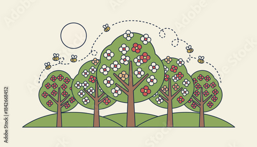 A scenic view of a flourishing orchard with bees buzzing around apple blossoms symbolizing the interconnectedness of agriculture and nature.
