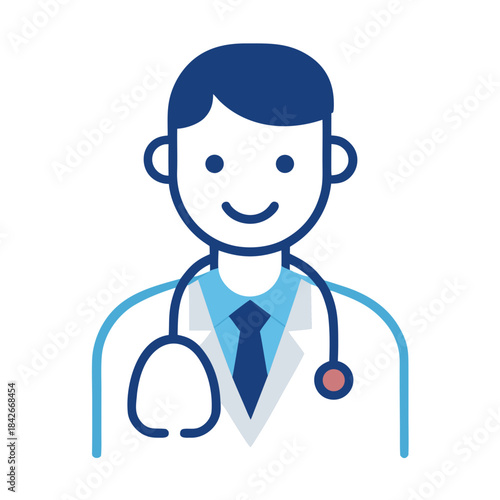 A friendly male doctor icon illustration in flat design style, symbolizing medical care and professionalism