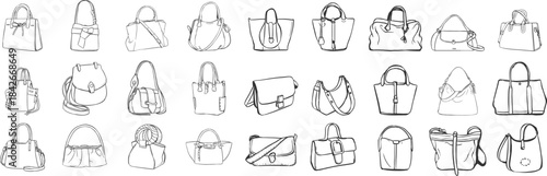 Fashion handbag collection design vector file featuring a variety of trendy bag silhouettes, modern styles, and detailed illustrations.