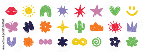 Abstract doodle colorful shapes. Chalk cute various modern kids hand drawn elements set. hearts, clouds, stars, flowers, eye, star stickers