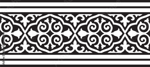 Kazakh national endless black monochrome ornament. Ethnic pattern. Border reflecting nomadic culture. Suitable for design and textiles.