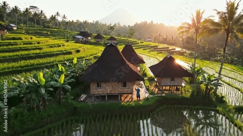Beautiful traditional village nestled amidst lush green rice terraces at sunrise