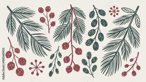 Hand Drawn Christmas Botanical Elements Set: Pine Branches, Holly Berries, and Winter Foliage Sketch Vectors.