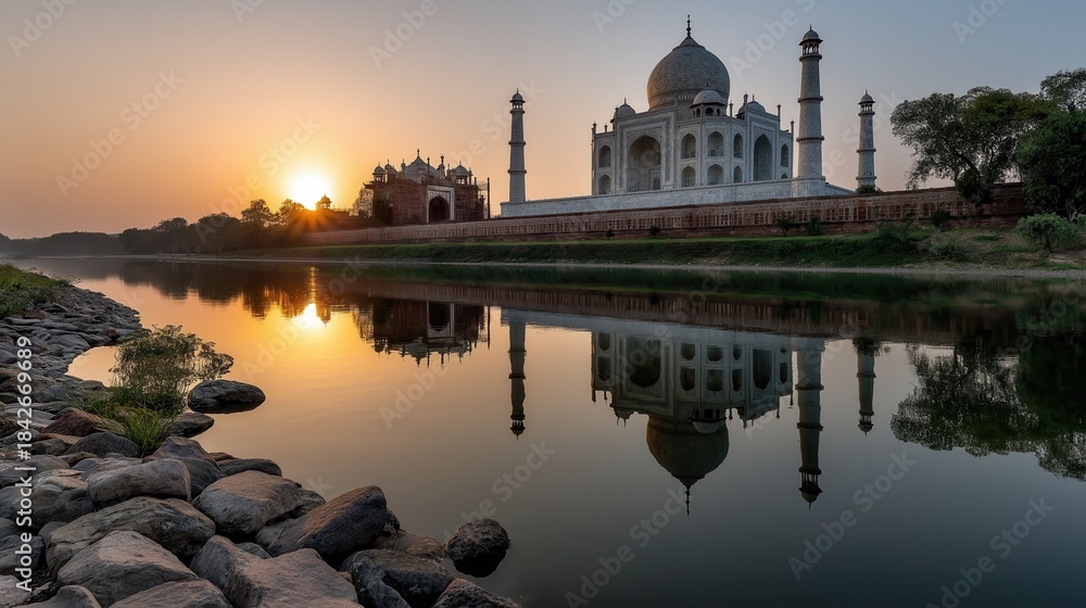 Fototapeta premium The Taj Mahal, a spectacle in white marble. Majestic architectural marvel at sunrise, reflecting in calm waters, surrounded by serene nature, showcasing a tranquil atmosphere with copy space
