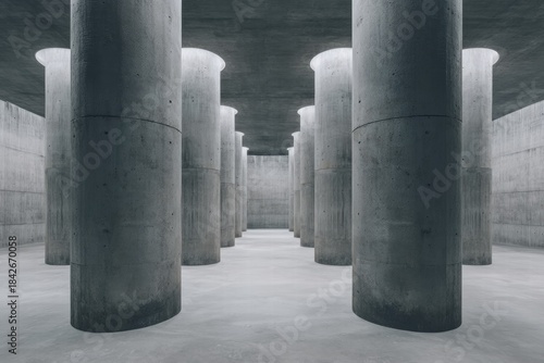 A concrete jungle of pillars, stark and imposing, dominates the scene with its strong lines and minimalist aesthetic, creating a unique space.