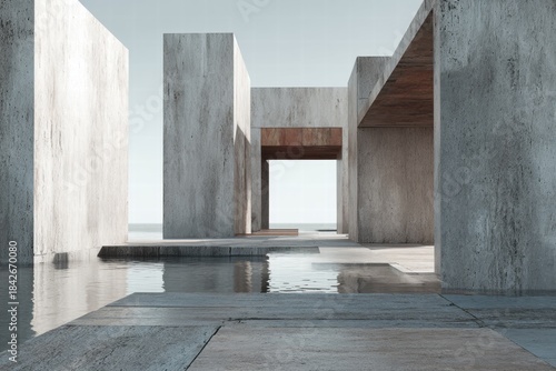 Architectural minimalism converges with tranquil waters in this concrete structure, harmonizing modern design with the serenity of nature.