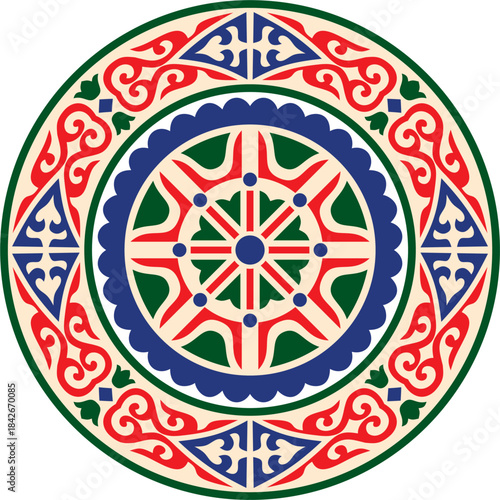 Kazakh national round colored frame ornament. Ethnic pattern. The circle ring reflects nomadic culture. Suitable for design and textiles.