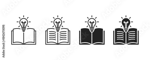 Open book with light bulb icon set. Knowledge, learning, and creative ideas icons set. Education and innovation symbol