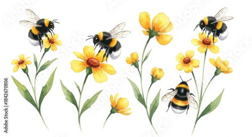 Watercolor bumblebees on yellow flowers conveying a joyful summery aesthetic
