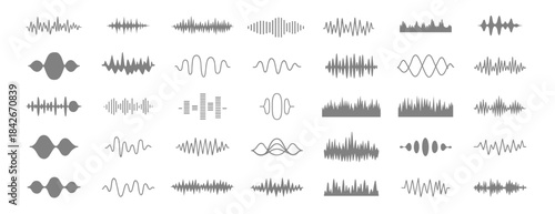 Audio sound waveforms and music signal elements set isolated on transparent background