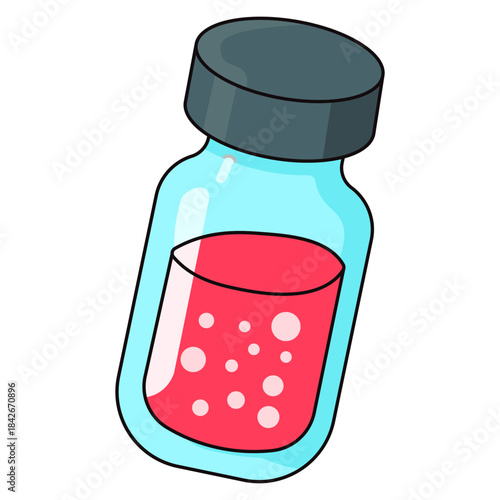 Chemical Solution: A vial containing a vibrant red chemical solution with effervescent bubbles, indicative of an experiment or potion.