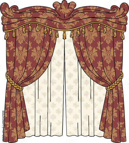 Luxurious vintage window with ornate red and gold curtains, flat vector illustration of classic damask drapery