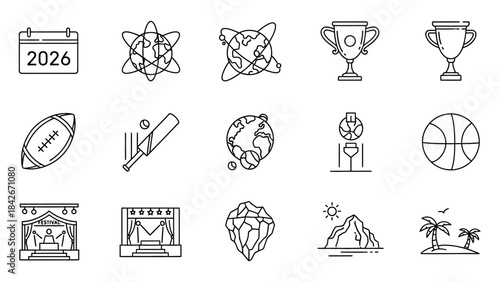 Line icon set of sports awards and competition symbols representing trophies, medals, and achievement recognition concepts.