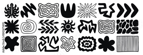 A set of doodle organic elements, leaves, hand drawn smooth lines, flowers, abstract shapes natural motifs, the sun, stones collection