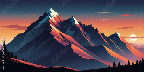 Stylized gradient mountain landscape with bold colors and minimalist vector composition