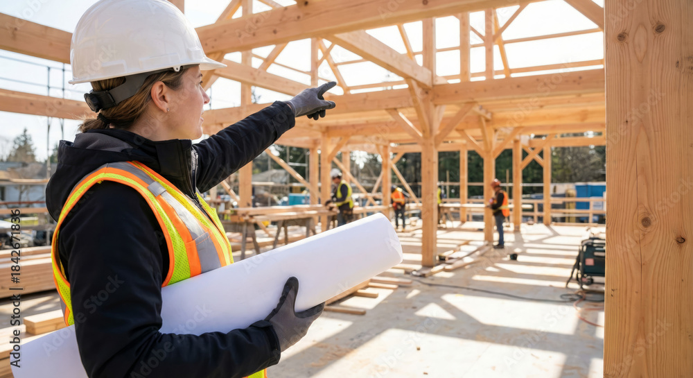 Fototapeta premium Woman points at framework while managing construction team outside.