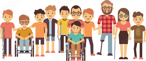 A group of people, including a man in a wheelchair, are standing together
