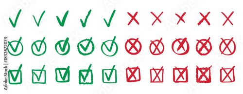 Check marks doodle set vote yes no cross hand drawn icon