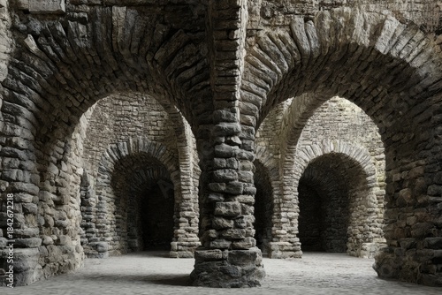 Stone chamber with arches and pillars in an old castle. The structure is a beautiful sight. The perfect place to hold an epic medieval event.