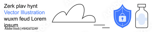 Data security, healthcare, vaccine safety, cloud technology, medical innovation, digital protection. A cloud shape, shield icon with lock and a medicine bottle. Data security and healthcare concept