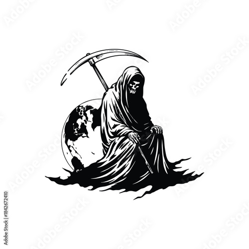 Black and white illustration of the Grim Reaper sitting on a globe holding a long, scary scythe hand drawn style
