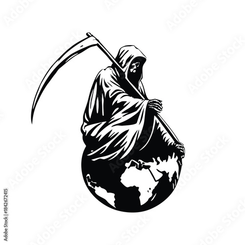 Black and white illustration of the Grim Reaper sitting on a globe holding a long, scary scythe hand drawn style