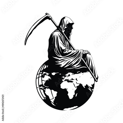 Black and white illustration of the Grim Reaper sitting on a globe holding a long, scary scythe hand drawn style