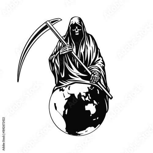 Black and white illustration of the Grim Reaper sitting on a globe holding a long, scary scythe hand drawn style