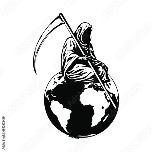 Black and white illustration of the Grim Reaper sitting on a globe holding a long, scary scythe hand drawn style