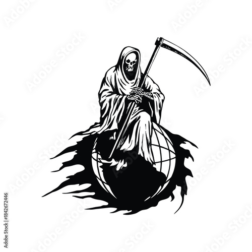 Black and white illustration of the Grim Reaper sitting on a globe holding a long, scary scythe hand drawn style