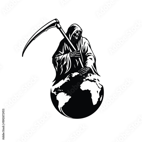 Black and white illustration of the Grim Reaper sitting on a globe holding a long, scary scythe hand drawn style