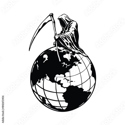 Black and white illustration of the Grim Reaper sitting on a globe holding a long, scary scythe hand drawn style