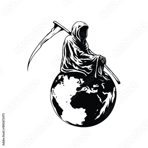 Black and white illustration of the Grim Reaper sitting on a globe holding a long, scary scythe hand drawn style