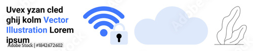 Data security, wireless networks, cybersecurity, privacy protection, cloud storage, internet connection. Blue wireless signal, padlock cloud and abstract element illustration. Data security
