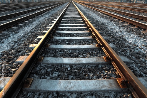 A symmetrical shot shows the converging parallel train tracks with stone ballast, cement sleepers and the light reflecting off the metal tracks.