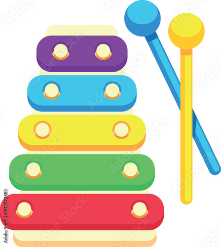 A colorful toy xylophone with a blue and yellow stick