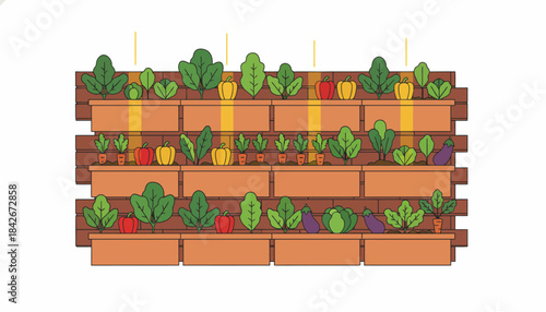 Vertical planters lining a brick wall featuring leafy greens and colorful vegetables with sunlight streaming down.