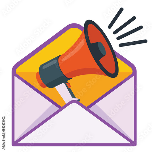 Colorful illustration of a megaphone in an open envelope
