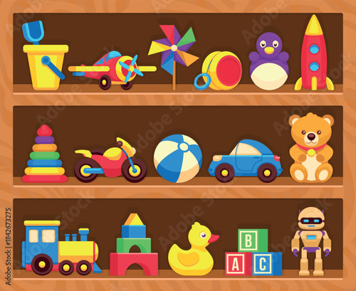 A shelf full of toys including a teddy bear, a car, a train, and a boat