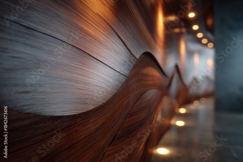 Intricate wooden wall art with smooth, wave-like patterns creates a unique and stylish architectural interior design with warm lighting.