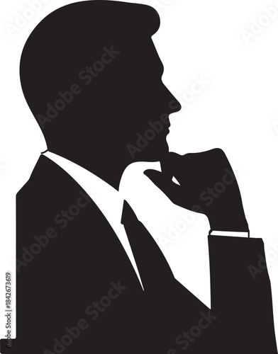 Silhouette of a businessman in profile, deep in thought with his hand on his chin, symbolizing contemplation and strategic planning.