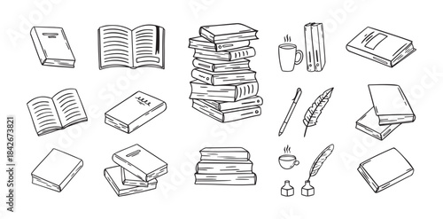 Hand drawn doodle different black outline books. linear style book icons set. Drawing books variations.