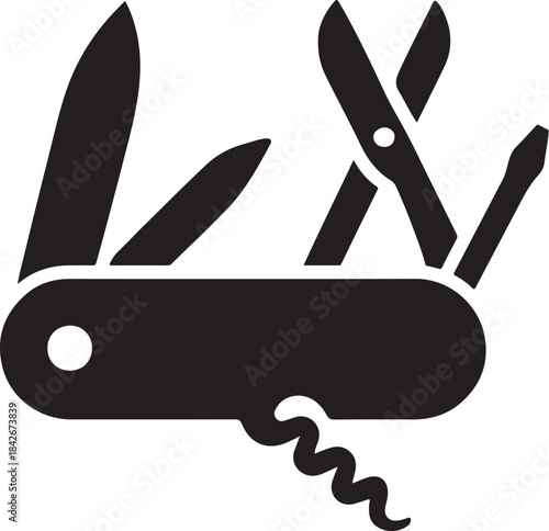 PrintBlack silhouette icon of a swiss army knife with multiple tools